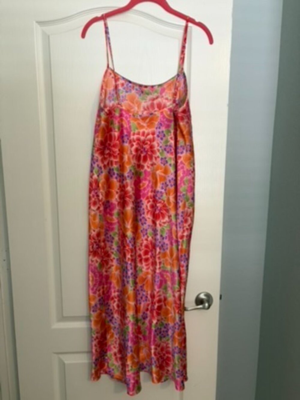 Vintage Chuz Floral Satin Slip Maxi Dress Pink Orange Size Large